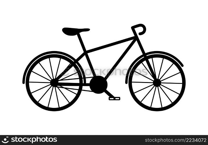 Bicycle icon. Bike silhouette. Bycicle sign. Mountain bicycle. Illustration for road, race and sport. Black pictogram symbol. Isolated logo on white background. Vector.