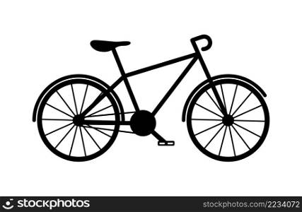 Bicycle icon. Bike silhouette. Bycicle sign. Mountain bicycle. Illustration for road, race and sport. Black pictogram symbol. Isolated logo on white background. Vector.