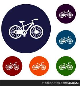 Bicycle icons set in flat circle reb, blue and green color for web. Bicycle icons set