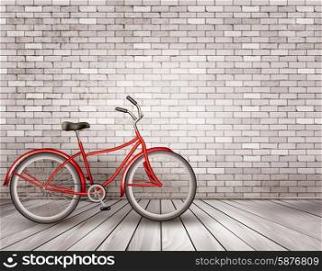 Bicycle in front of a grey brick wall. Vector.