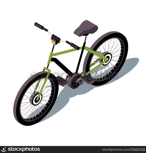 Bicycle isometric color vector illustration. City transport infographic. Pedal bike. Two-wheeled vehicle. Outdoors activity. Healthy lifestyle. Transportation 3d concept isolated on white background