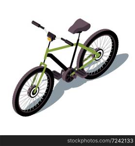 Bicycle isometric color vector illustration. City transport infographic. Pedal bike. Two-wheeled vehicle. Outdoors activity. Healthy lifestyle. Transportation 3d concept isolated on white background