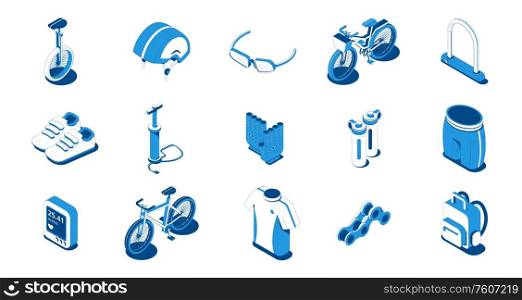 Bicycle isometric icons set with city and mountain bike accessories sportswear lock pump blue isolated vector illustration