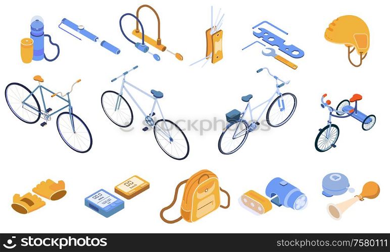 Bicycle isometric set with bike clothes and equipment isolated vector illustration
