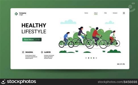 Bicycle landing. Web page template with character on bike ride in park, summer outdoor activity concept. Vector homepage with healthy cyclist. Illustration of bicycle outdoor website. Bicycle landing. Web page template with character on bike ride in park, summer outdoor activity concept. Vector homepage with healthy cyclist