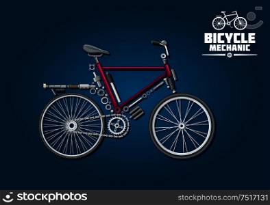 Bicycle mechanics symbol with detailed parts, accessories and powertrain system, arranged into silhouette of a city bike. Great for ecological transport, recreation activity or sporting design usage. Bicycle icon with mechanical parts and accessories
