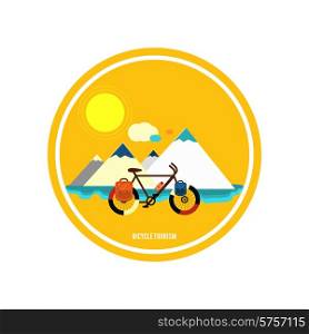 Bicycle near the mountain. Bicycle tourism. Icons of traveling, planning a summer vacation, tourism and journey objects