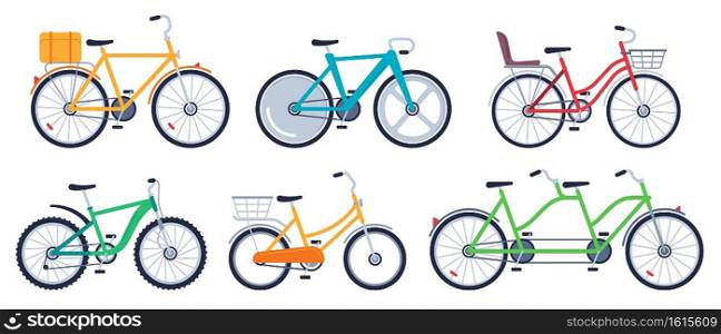 Bicycle of set color flat for adult and kids. Mountain bicycle, transport exercise, vector illustration. Bicycle of set color flat for adult and kids