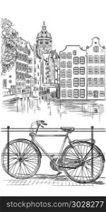 Bicycle on bridge over the canal of Amsterdam, Netherlands. Landmark of Netherlands. Vector hand drawing illustration in black color isolated on white background.. Bike in Amsterdam