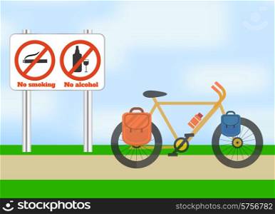 Bicycle on road. Bicycle tourism sport. Icons of traveling, planning a summer vacation, tourism and journey objects