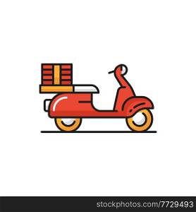 Bicycle or bike of courier, food delivery services isolated flat icon. Vector shipping services and fast online order, red color motor bicycle. Courier cycle, box with ordered lunch or dinner. Food delivery bike motorbike with products package