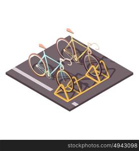 Bicycle Parking Concept . Bicycle parking concept with city bike ride symbols isometric vector illustration