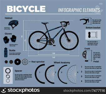 Bicycle parts infographics with realistic images of mtb bike with accessories and editable text tips captions vector illustration