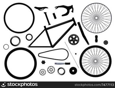 Bicycle parts set of isolated monochromatic images with bike elements for hand assembling on blank background vector illustration
