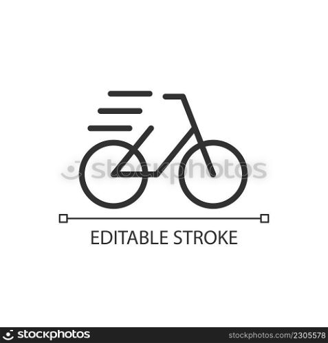 Bicycle pixel perfect linear icon. Pedal cycle. Transportation and recreation. Sport activity. Thin line illustration. Contour symbol. Vector outline drawing. Editable stroke. Arial font used. Bicycle pixel perfect linear icon