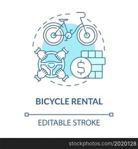 Bicycle rental blue concept icon. Bicycle sharing category abstract idea thin line illustration. Bike hire business. Free public bike rent. Vector isolated outline color drawing. Editable stroke. Bicycle rental blue concept icon