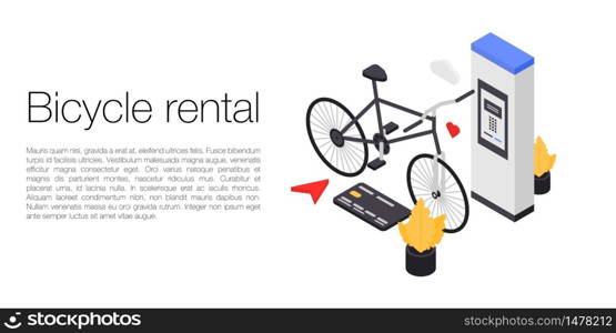 Bicycle rental concept banner. Isometric illustration of bicycle rental vector concept banner for web design. Bicycle rental concept banner, isometric style