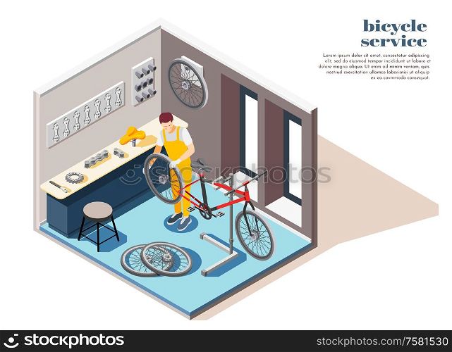 Bicycle repair maintenance service shop interior isometric composition with repairman replacing wheels changing flat tires vector illustration