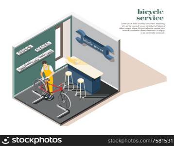 Bicycle repair maintenance service shop interior isometric composition with repairman replacing wheels adjusting saddle advertising vector illustration