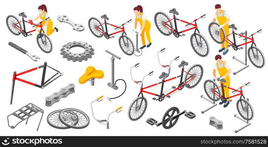 Bicycle repair male female mechanics service isometric set with tandem bike pump saddle wheels frame vector illustration