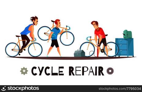 Bicycle repair mechanic shop with toolkit equipment and 2 cyclists with broken bikes cartoon advertisement vector illustration . Bicycle Repair Mechanic Cartoon Composition 