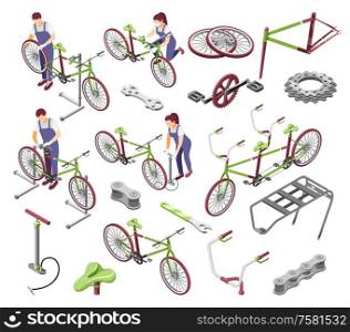 Bicycle repair service spare parts accessories isometric set with repairman cogs chain handlebar saddle isolated vector illustration