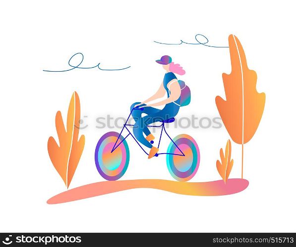 Bicycle riding girl. A walk on the bike. Cycling poses in trend colors. Flat vector illustration. Bicycle riding girl. A walk on the bike.