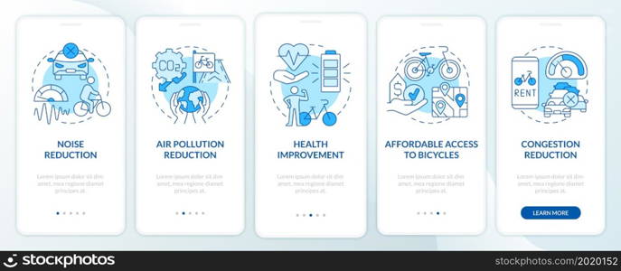 Bicycle share scheme goals onboarding mobile app page screen. Reduce air pollution walkthrough 5 steps graphic instructions with concepts. UI, UX, GUI vector template with linear color illustrations. Bicycle share scheme goals onboarding mobile app page screen