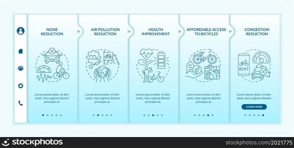 Bicycle share scheme goals onboarding vector template. Responsive mobile website with icons. Web page walkthrough 5 step screens. Air pollution reduction color concept with linear illustrations. Bicycle share scheme goals onboarding vector template