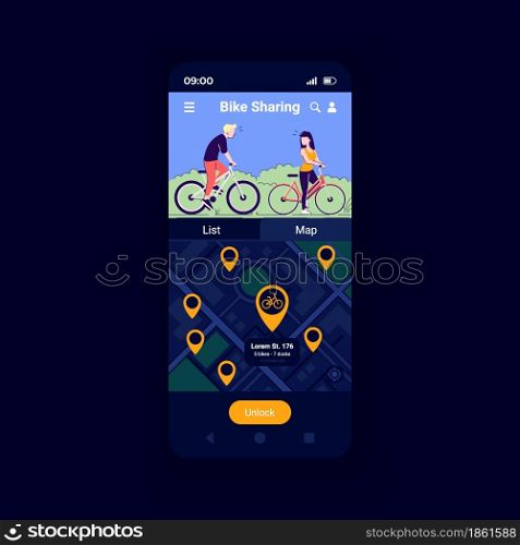 Bicycle sharing service app smartphone interface vector template. Mobile app page design layout. Eviromentally safe transport. Bike sharing platform screen. Flat UI for application. Phone display. Bicycle sharing service app smartphone interface vector template