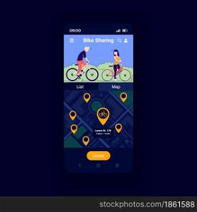 Bicycle sharing service app smartphone interface vector template. Mobile app page design layout. Eviromentally safe transport. Bike sharing platform screen. Flat UI for application. Phone display. Bicycle sharing service app smartphone interface vector template