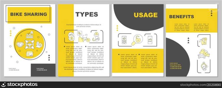 Bicycle sharing system brochure template. Types and benefits. Flyer, booklet, leaflet print, cover design with linear icons. Vector layouts for presentation, annual reports, advertisement pages. Bicycle sharing system brochure template