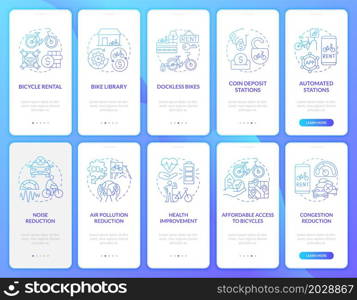 Bicycle-sharing system onboarding mobile app page screen set. Bikes rent walkthrough 5 steps graphic instructions with concepts. UI, UX, GUI vector template with linear color illustrations. Bicycle-sharing system onboarding mobile app page screen set