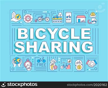 Bicycle sharing word concepts banner. Bike friendly city. Micromobility. Infographics with linear icons on blue background. Isolated creative typography. Vector outline color illustration with text. Bicycle sharing word concepts banner