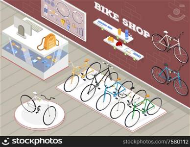 Bicycle shop isometric background with bike accessories and devices vector illustration