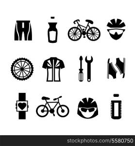 Bicycle sport fitness black and white icons set with clothes bottle helmet cyclist isolated vector illustration