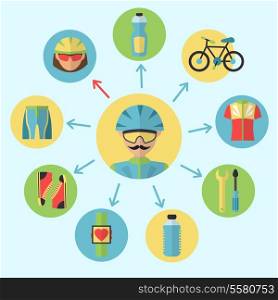 Bicycle sport fitness flat icons set with bicyclist isolated vector illustration
