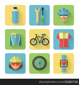 Bicycle sport fitness flat icons set with bicyclist water bottle clothes isolated vector illustration