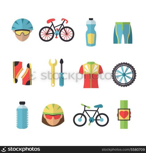 Bicycle sport fitness icons set with wheel clothes cyclist bottle isolated vector illustration
