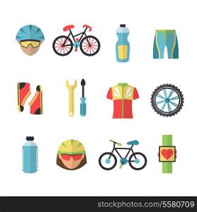 Bicycle sport fitness icons set with wheel clothes cyclist bottle isolated vector illustration