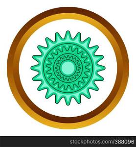 Bicycle sprocket vector icon in golden circle, cartoon style isolated on white background. Bicycle sprocket vector icon