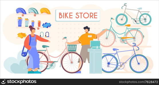 Bicycle store new second hands bikes accessories helmets sale flat composition with salesman assisting customer vector illustration