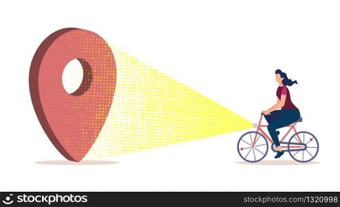 Bicycle Tourism, Journey Planning, City Navigation and Cartography Flat Vector Concept with Woman Riding Bicycle, Putting Headlight Beam on Location Checkpoint Sign Illustration on White Background.