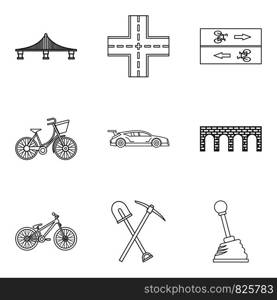 Bicycle transport icons set. Outline set of 9 bicycle transport vector icons for web isolated on white background. Bicycle transport icons set, outline style