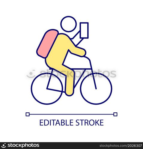 Bicycle traveler with smartphone RGB color icon. Bicyclist with phone. Touring bicycle. Searching for route and trail. Isolated vector illustration. Simple filled line drawing. Editable stroke. Bicycle traveler with smartphone RGB color icon
