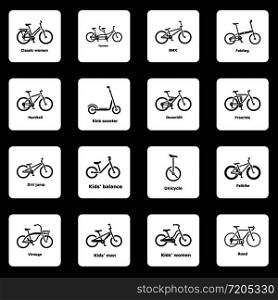 Bicycle types icons set. Simple illustration of 16 bicycle types vector icons for web. Bicycle types icons set, simple style