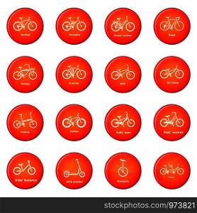 Bicycle types icons set vector red circle isolated on white background . Bicycle types icons set red vector