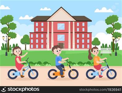 Bicycle Vector Flat Illustration. People Riding Bikes, Sports and outdoor recreational activities on Park Road or Highway are living a healthy lifestyle