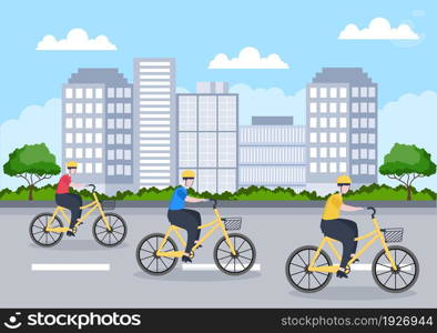 Bicycle Vector Flat Illustration. People Riding Bikes, Sports and outdoor recreational activities on Park Road or Highway are living a healthy lifestyle