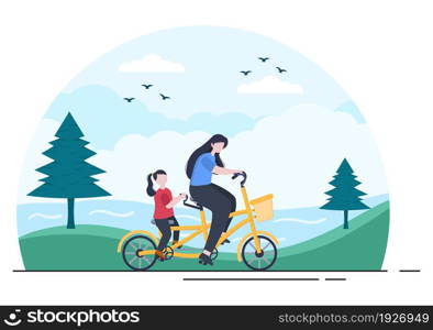 Bicycle Vector Flat Illustration. People Riding Bikes, Sports and outdoor recreational activities on Park Road or Highway are living a healthy lifestyle